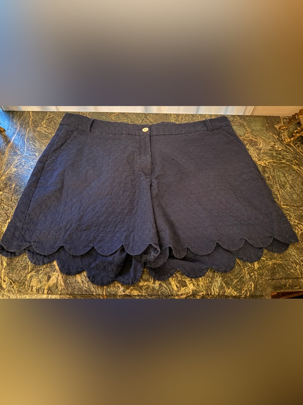 Navy Scalloped Hem Textured Shorts